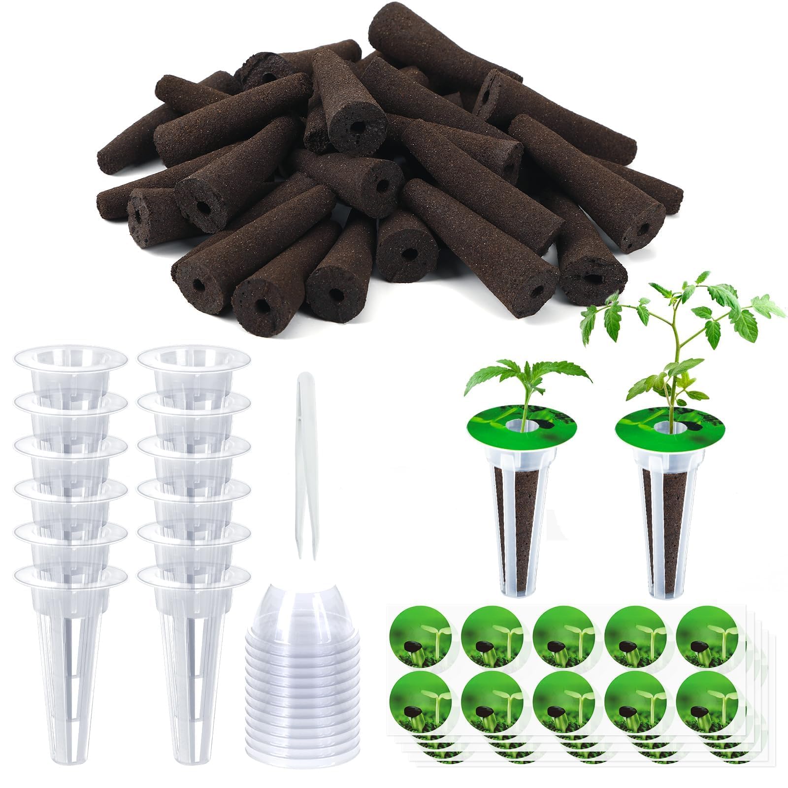 Neiang 水耕栽培 スポンジ 50個 定植かご 12個 水耕栽培 ポット 蓋 12個 すいこう栽培キット 水耕栽培 ラベルシール付き50枚 容器野菜植えスポンジ 栽培キット ピンセット×1個 水耕スポンジ 室内栽培 家庭菜園 (125 個セット)